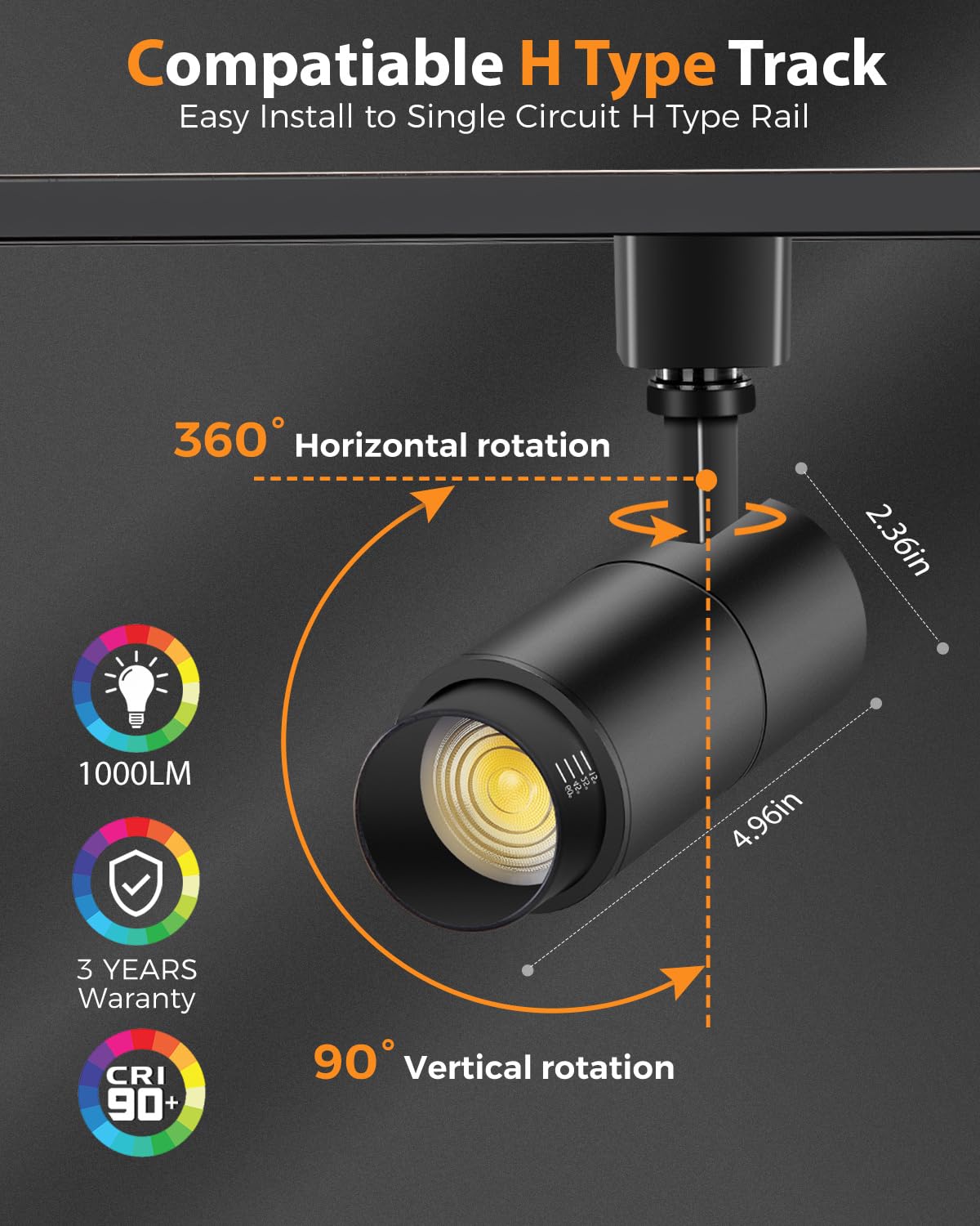 3-Color Zoomable LED Track Lighting Heads H Type Track Light Heads Dimmable Bright Ceiling Spotlight Fixtures, 3000K 4000K 5000K Adjustable, CRI90+ 15°-60° 1000lm
