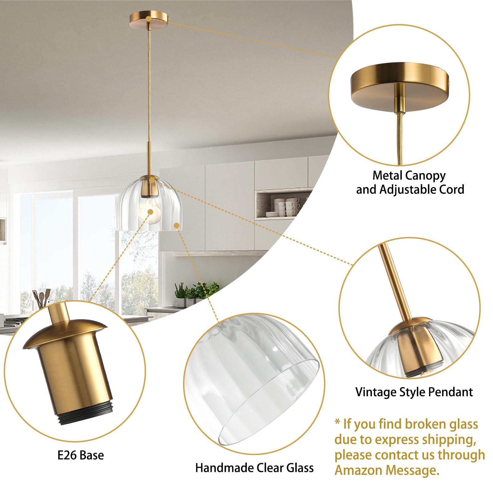 Modern Industrial Pendant Lights, Amber Glass Bell Shape Pendant Lights Kitchen Island with Matte Finished Metal Pendant Light Fixtures 
