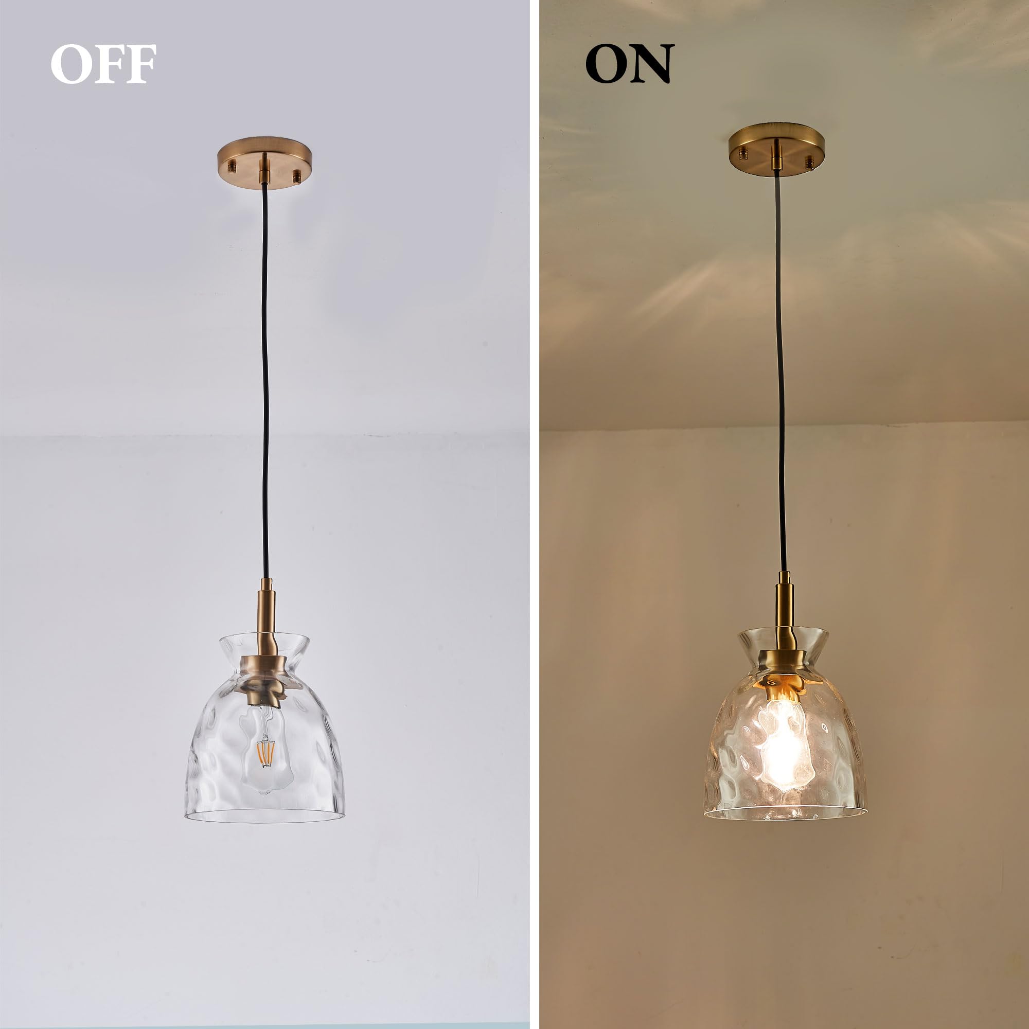 Glass Pendant Light for Kitchen Island,Industrial Pendant Lighting with Hammered Glass Shade,Modern Chandelier Hanging Ceiling Lighting for Dining Room Entryway,E26 Base,Gold 