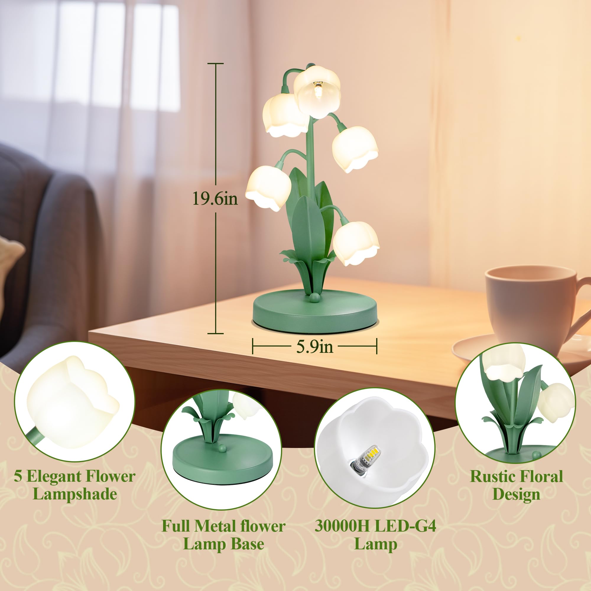 Vintage Flower Table Lamp for Home, 5 Lily of The Valley Desk Lamps 3 Color Modes Reading Lamp with G4 Led Bulbs for Bedroom, Living Room, Office 