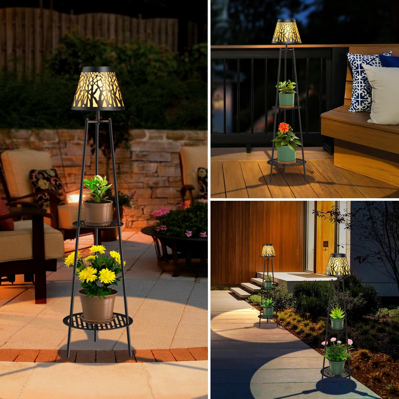 45.5'' Solar Lights with 2 Tier Plant Stand, Metal Solar Floor Lamps, Solar Powered Outdoor Waterproof Lights Flower Shelf for Patio Deck Yard Garden Porch Decor 