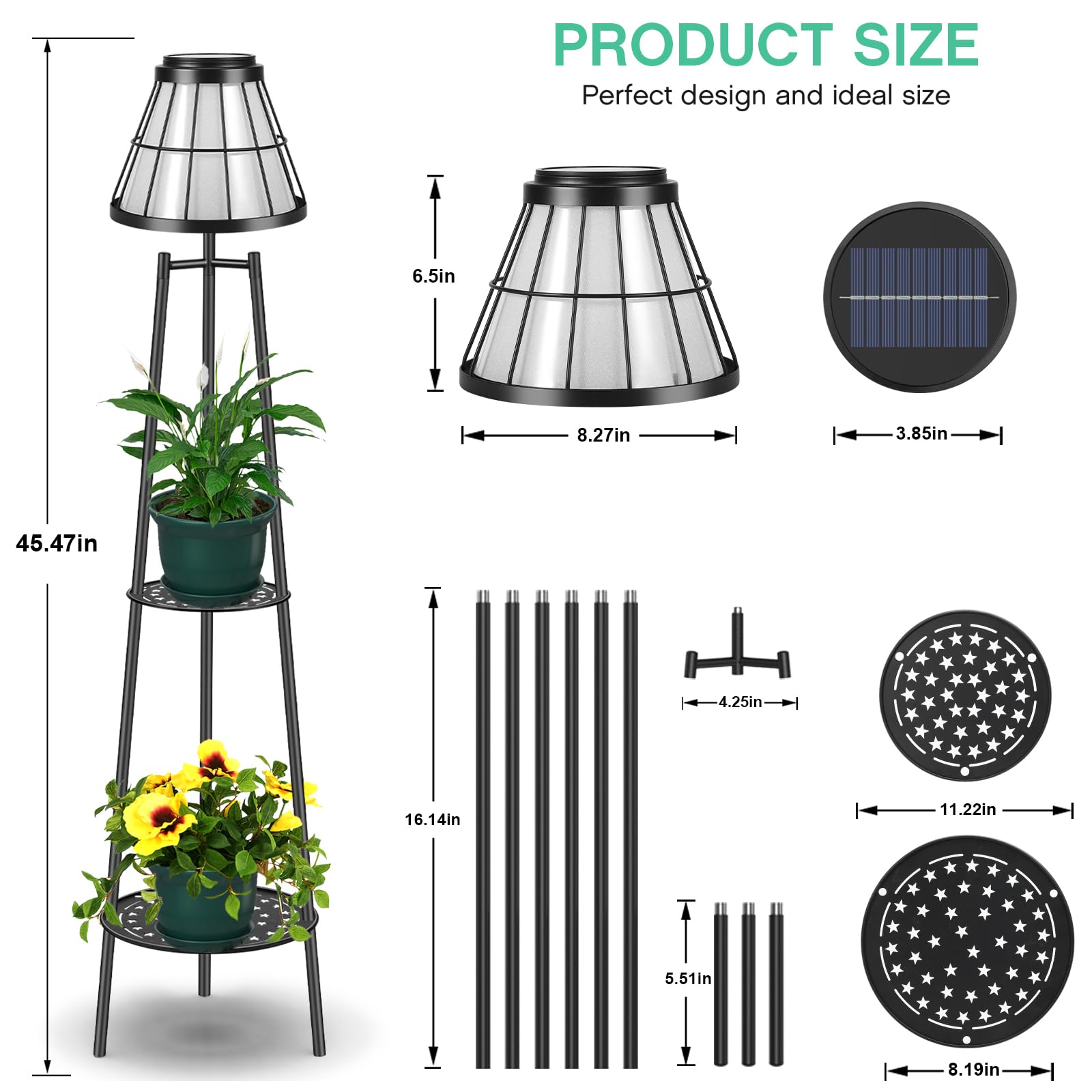 45.5'' Solar Floor Lamps with 2 Tier Plant Stand, Waterproof Metal Solar Powered Outdoor Lights Flower Shelf for Patio Deck Yard Garden Porch Decor 