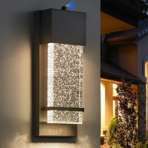  Dusk to Dawn Porch Lights, Modern Black Wall Sconce with Crystal Bubble LED, Outdoor Lighting Fixture