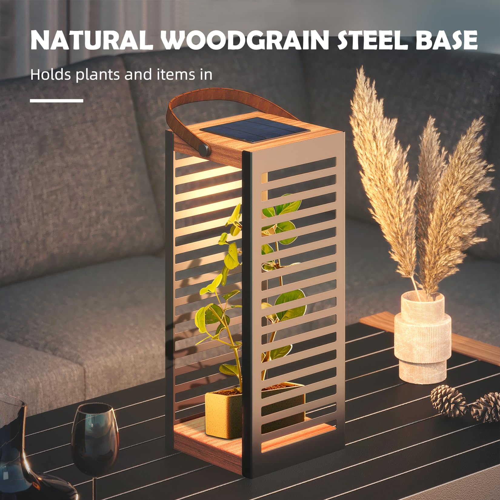  Outdoor Floor Lamp Solar Powered Light, Patio Waterproof Metal Solar Lantern with Handle, Plant Decor for Patio, Yard, Porch
