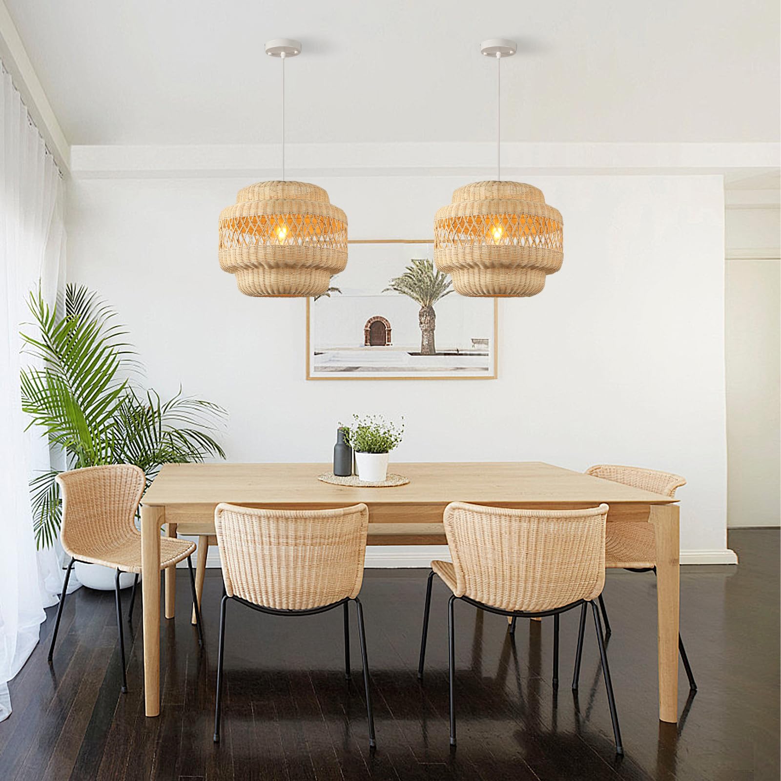 15.8" Rattan Pendant Light Kitchen Island, Boho Lights Fixture Wicker Dining Room Lighting Farmhouse Hand-Woven Chandeliers Weaving Hanging Ceiling Lighting for Restaurant Living Room Foyer 