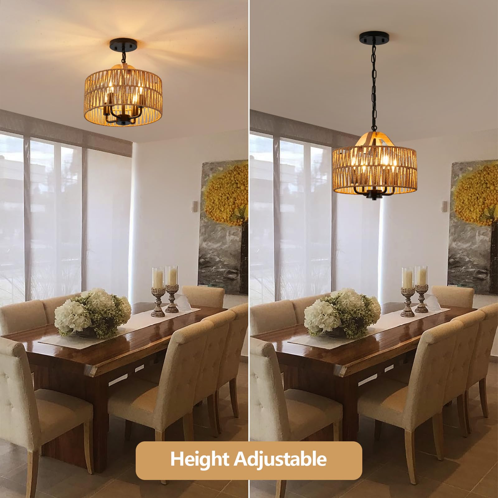Antique Dining Room Light Fixture, 4-Light Rattan Pendant Light with Drum Shade, Adjustable Woven Wicker Ceiling Hanging Light, Farmhouse Boho Chandelier for Living Room Kitchen Island 