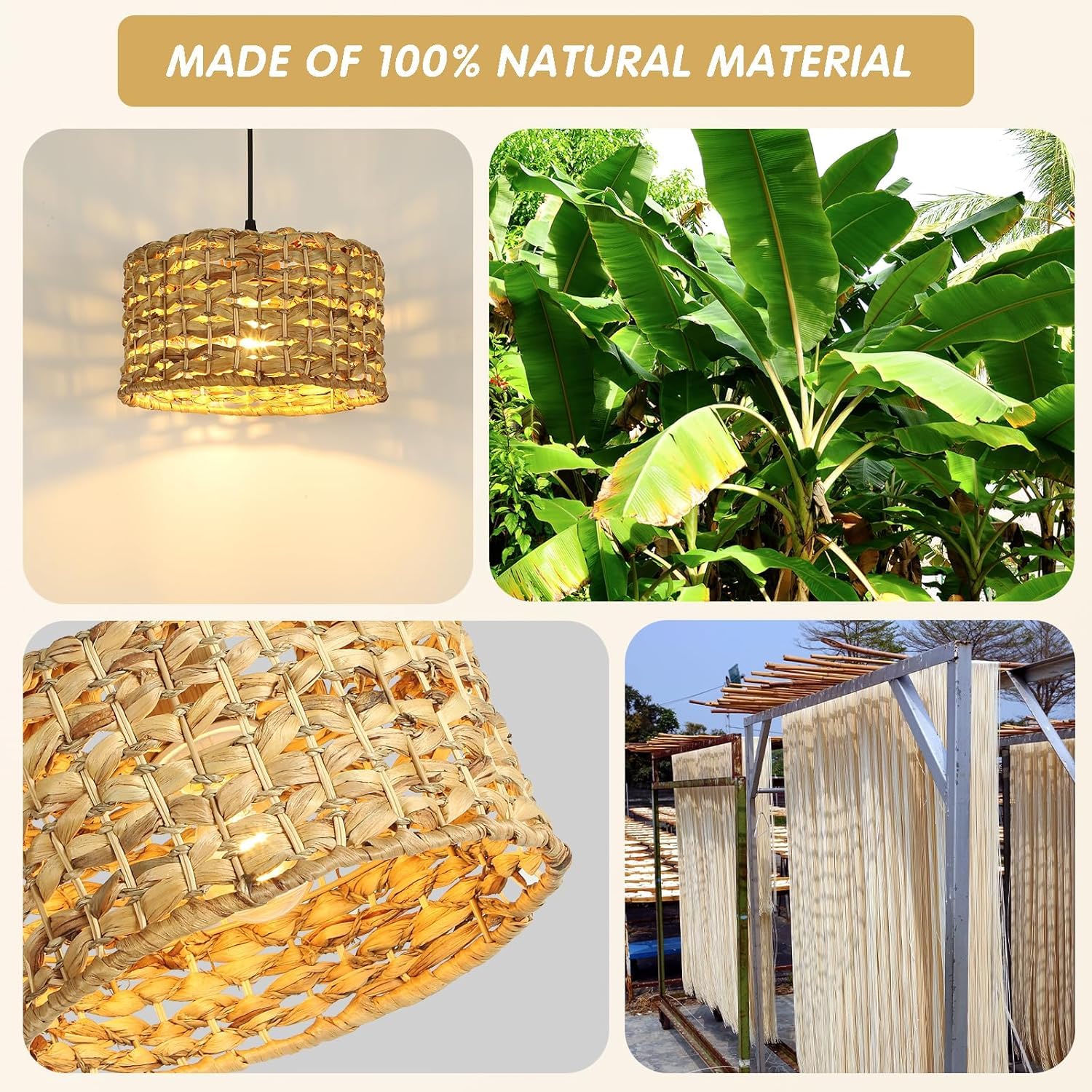 Rattan Pendant Light for Kitchen Island, 12.2in Boho Hand Woven Kitchen Light Fixtures Wicker Dining Room Lighting Coastal Chandelier for Farmhouse Bedroom Living Room Restaurants Bedside