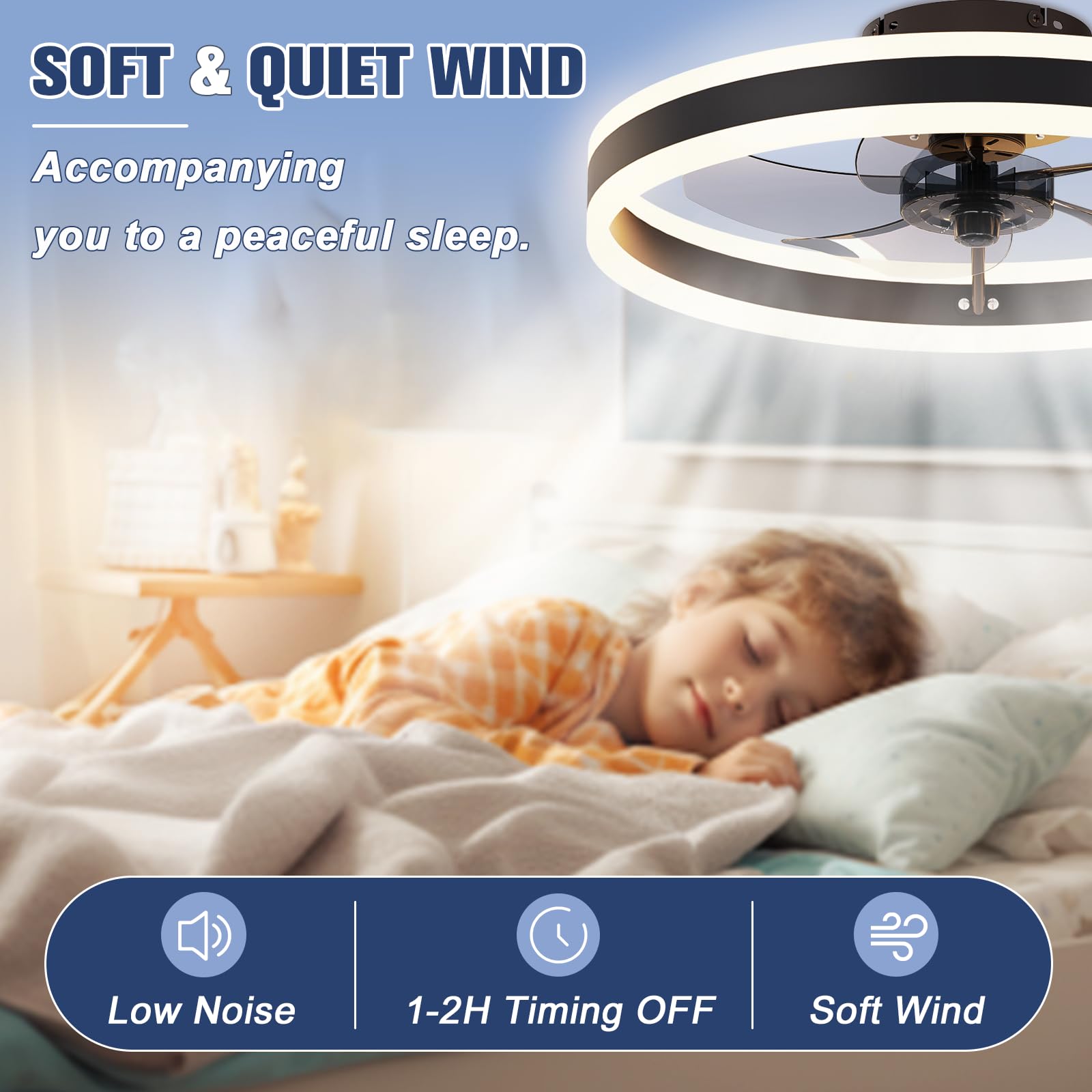 Low Profile Ceiling Fans with Lights and Remote, Flush Mount Ceiling Fans with Light, 3000K-6500K Dimmable Fandelier LED Fan Light, White Bladeless Ceiling Fans with Lights for Bedroom 