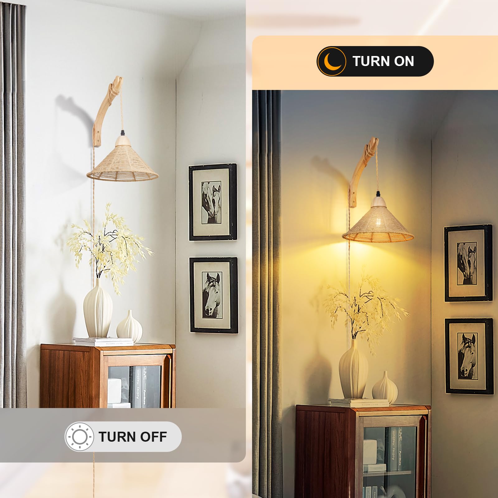 Rattan Wall Lamp with Plug in Cord Boho Wall Sconces Farmhouse Hanging Wall Mounted Light Fixture Chandelier for Bedroom Living Room Dining Room 