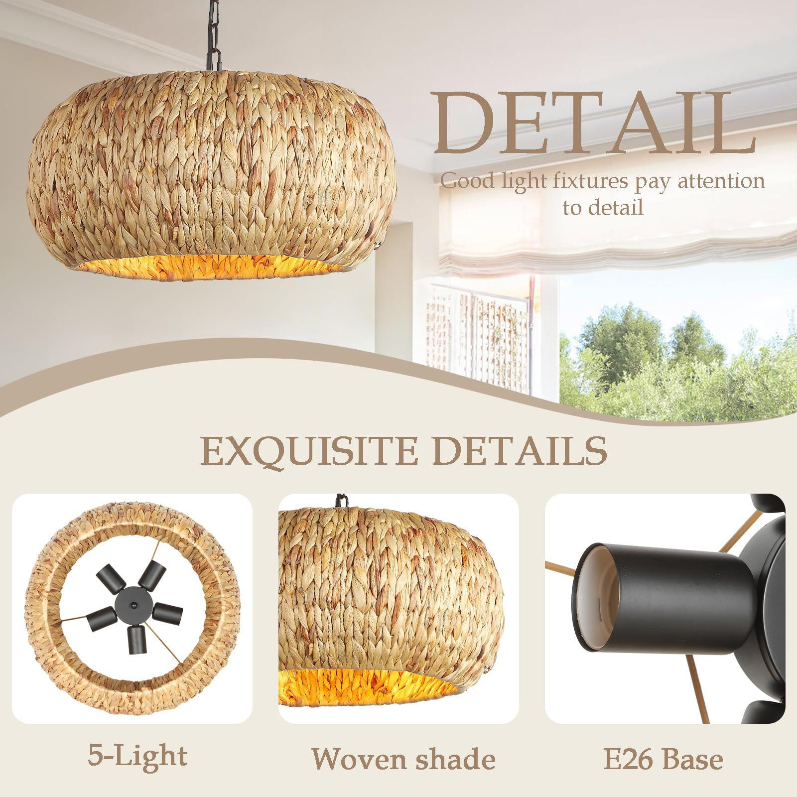 Hand-Woven Boho Pendant Light, 17.7" 5-Light Bohemian Rattan Lighting Fixture Natural Weaving Hanging Ceiling Light Coastal Wicker Chandelier for Kitchen Island Living Dining Room Restaurants 