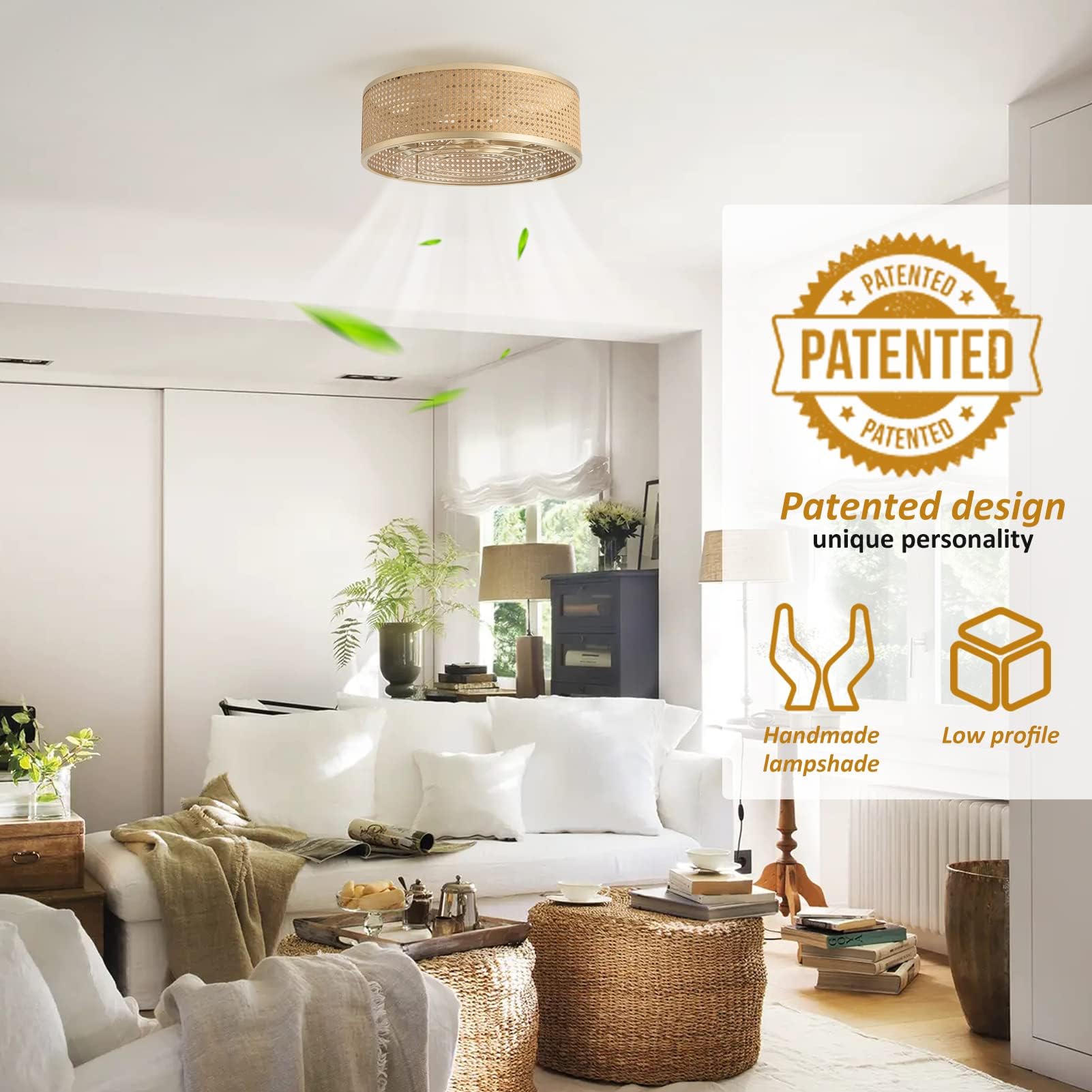 20 Inch Boho Caged Ceiling Fans with Lights Flush Mount, Layered Rattan Ceiling Fan with Light Remote Control with Reversible 6 Speeds for Bedroom, Nursery, Living Room, E12 Base, Indoor 