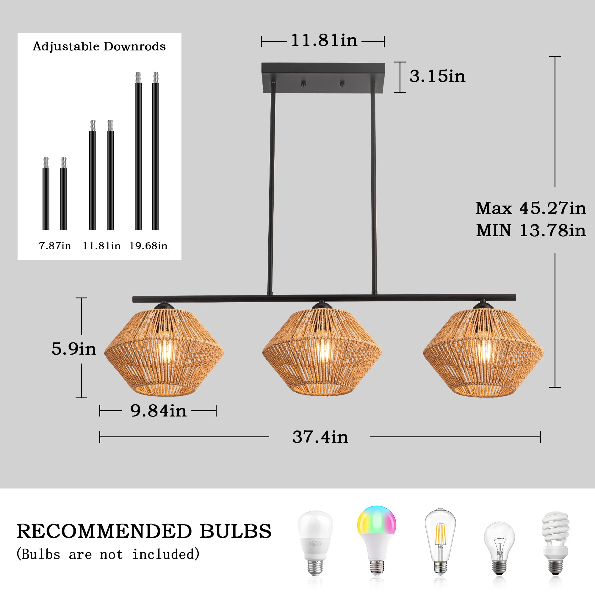 3-Light Rattan Chandeliers for Dining Room, Boho Light Fixture with Hand-Worked Woven Cage Lampshade, Farmhouse Kitchen Island Lighting Fixtures for Dining Room, Living Room 