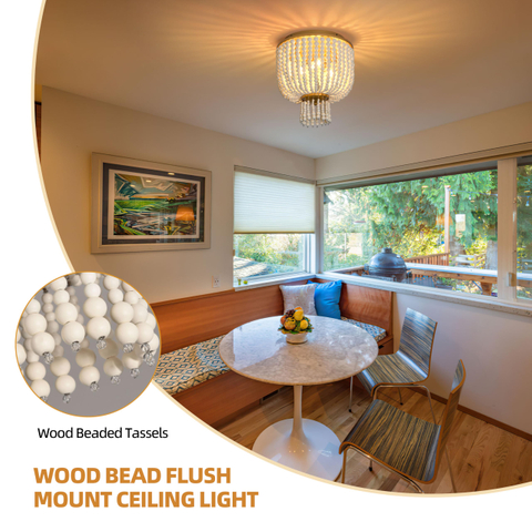3 Light 12 Inch Boho Light Fixtures Ceiling Wood Beaded Flush Mount Ceiling Light Bohemia Wood Beaded Chandelier Natural Wood Beaded Chandelier Boho Light Fixture for Living Room 