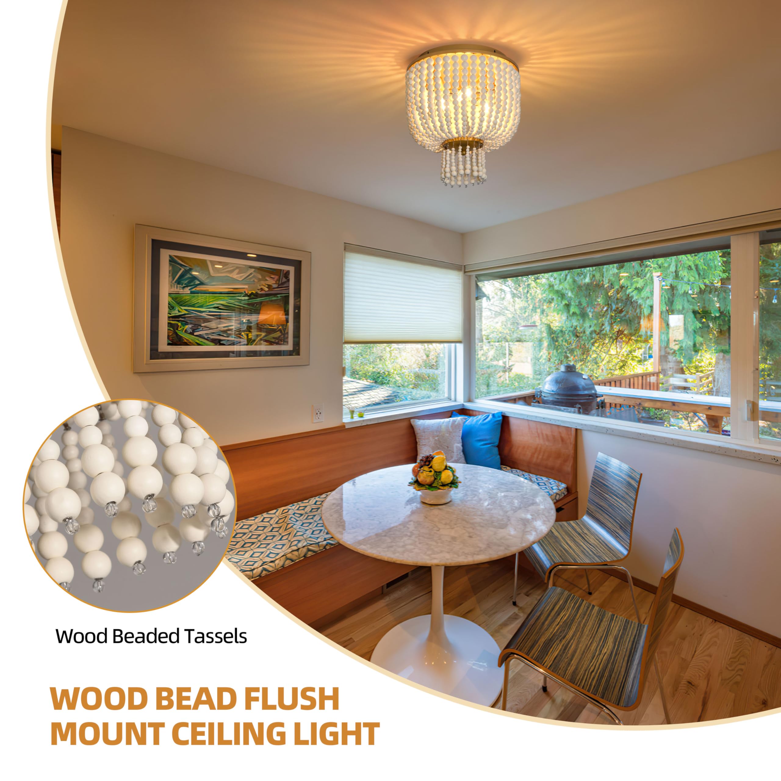 3 Light 12 Inch Boho Light Fixtures Ceiling Wood Beaded Flush Mount Ceiling Light Bohemia Wood Beaded Chandelier Natural Wood Beaded Chandelier Boho Light Fixture for Living Room 