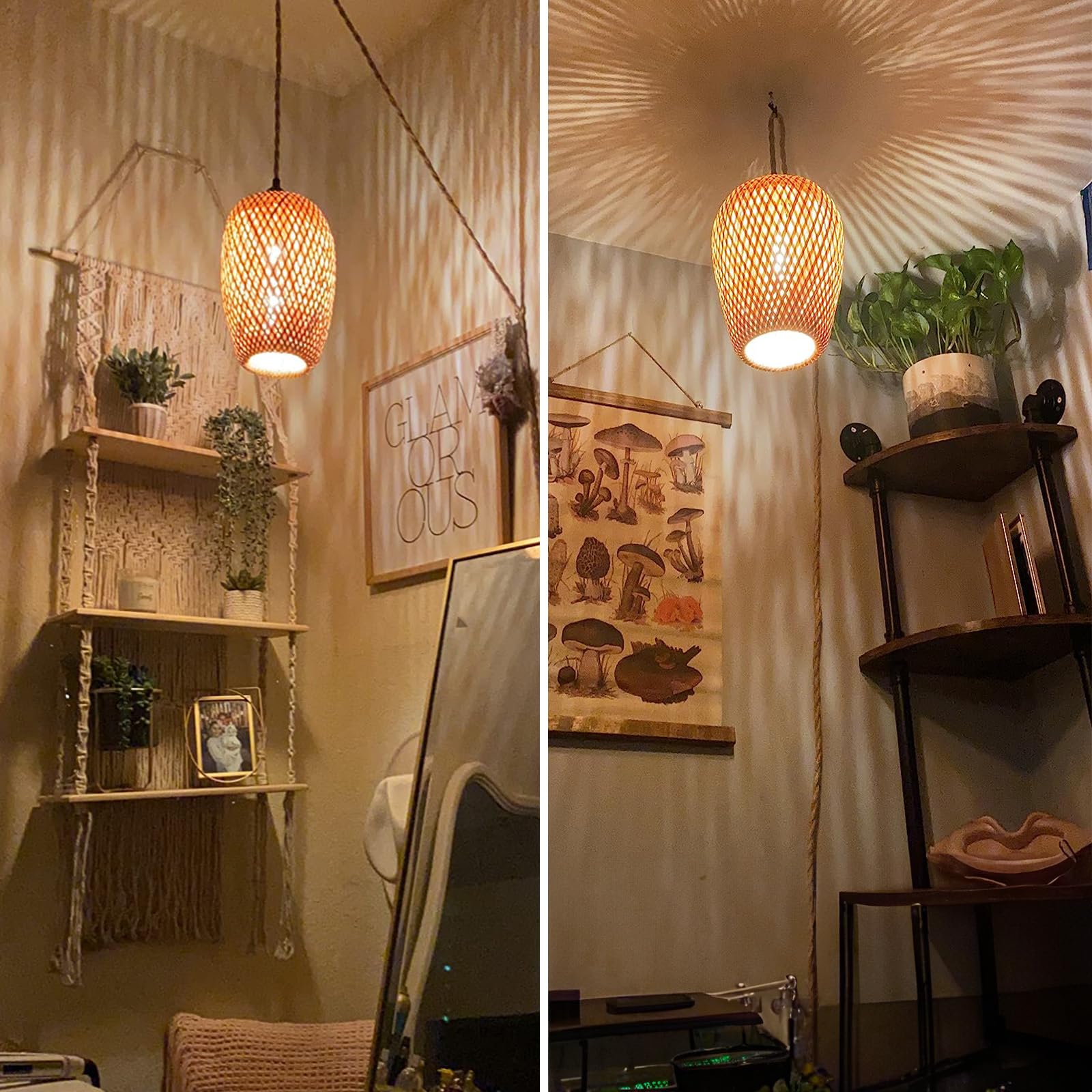 Plug in Pendant Light Handwoven Bamboo Pendant Lamp Boho Modern Wicker Hanging Lights Rustic Country Natural Basket Hanging Lamp for Kitchen Study Bedroom Cafe