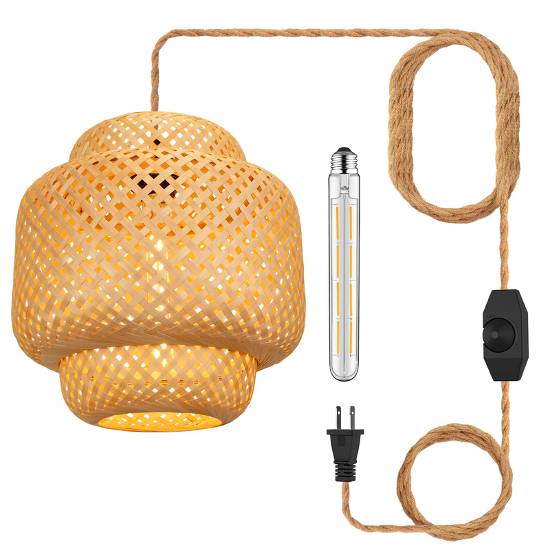 Plug in Pendant Light Hanging Lamp with Handmade Bamboo Lampshade Dimmer Switch Boho Modern Rustic Country Natural Basket Hanging Light with Plug in Cord 