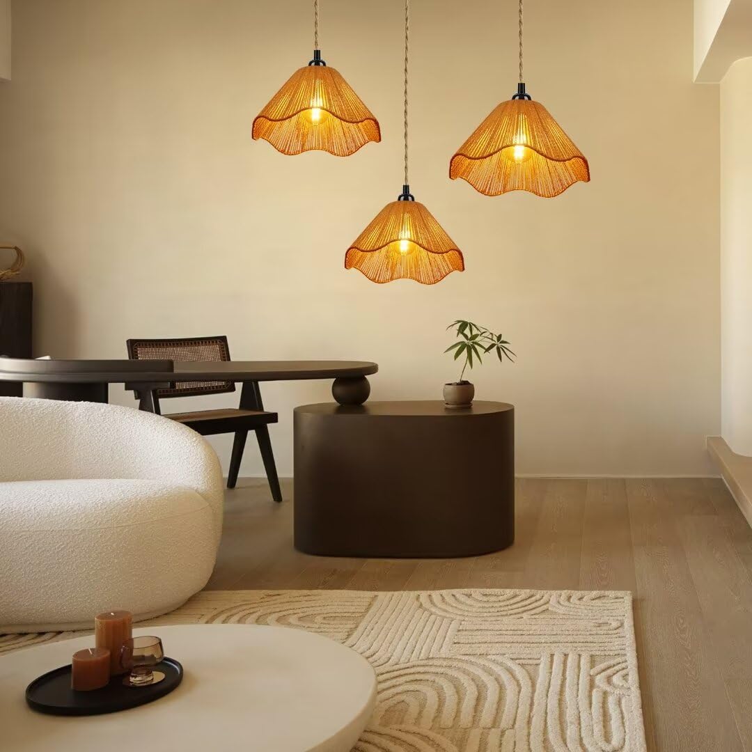 Plug in Pendant Light, Rattan Hanging Lights with Plug in Cord 15FT Cord On/Off Switch Vintage Hanging Lamp, Hand Woven Boho Chandelier for Bedroom, Living Room, Kitchen