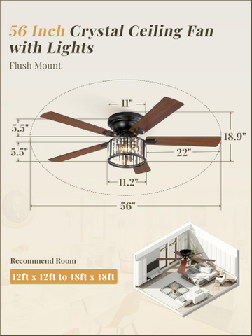 56 Inch Farmhouse Chandelier Ceiling Fan with Remote Control, Black Indoor Crystal Ceiling Fan with 6-Speeds, Quiet Reversible DC Motor, Flush Mount Ceiling Fan with Lights for Bedroom, Living Room 