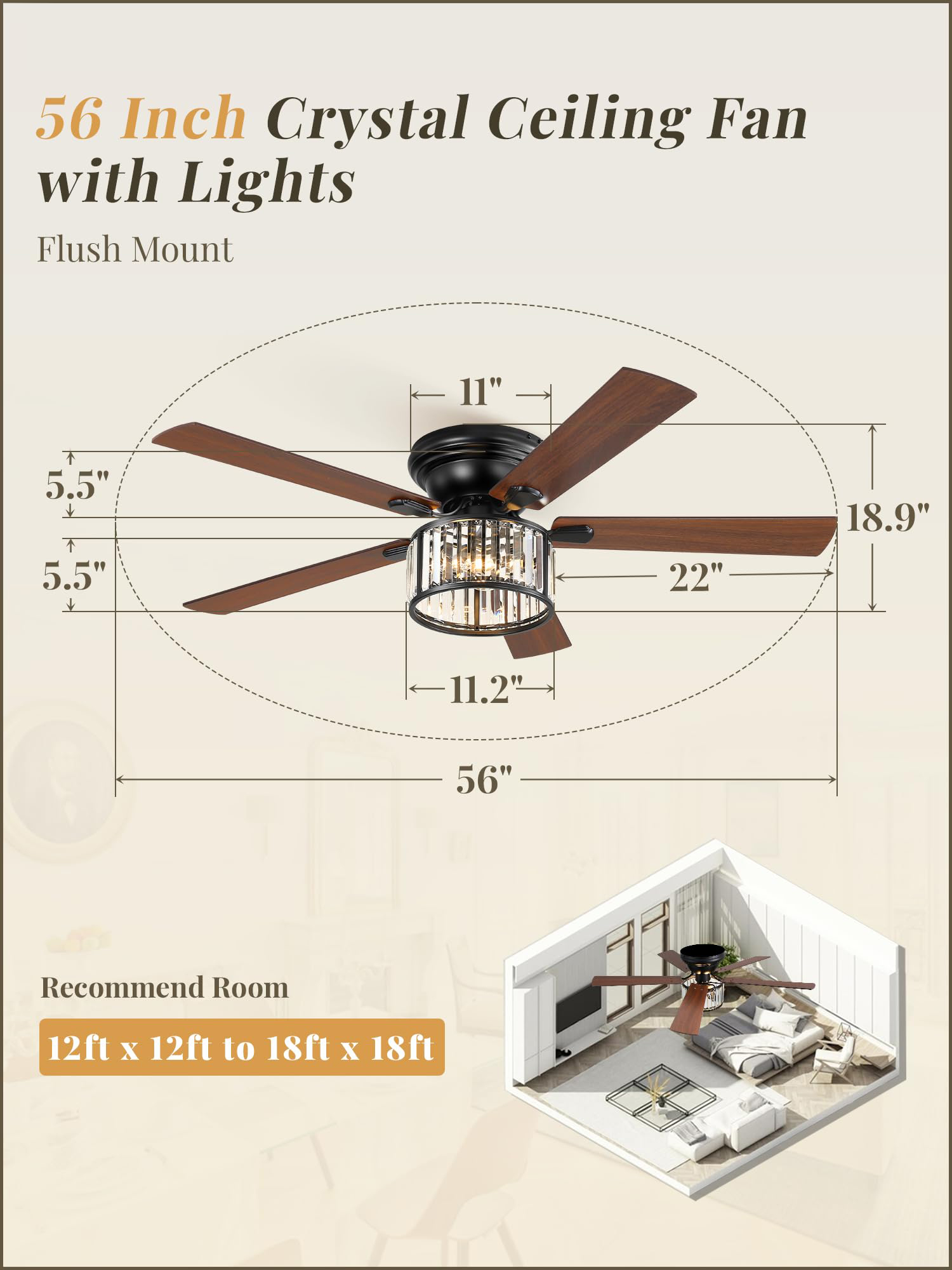 56 Inch Farmhouse Chandelier Ceiling Fan with Remote Control, Black Indoor Crystal Ceiling Fan with 6-Speeds, Quiet Reversible DC Motor, Flush Mount Ceiling Fan with Lights for Bedroom, Living Room 