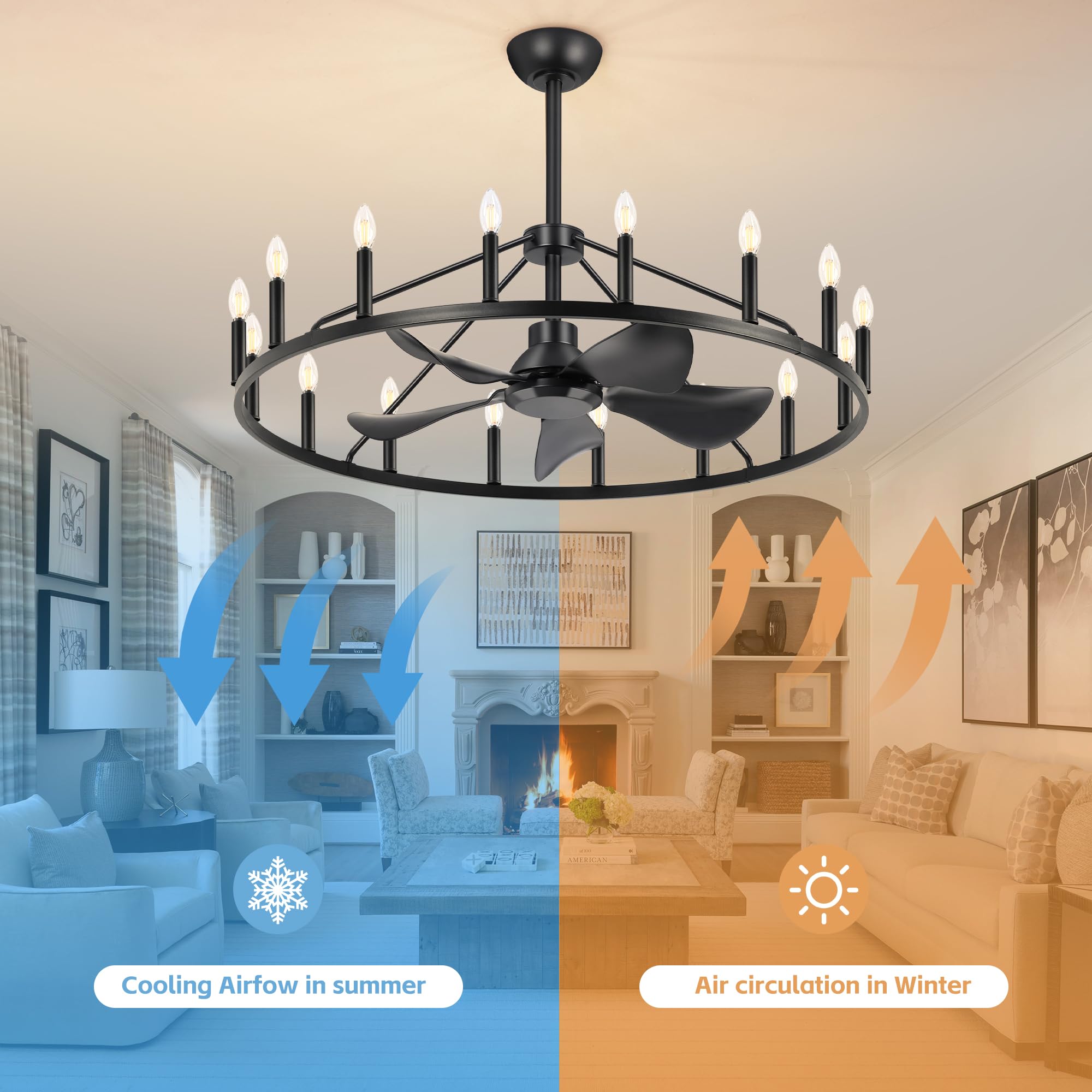 43" Wagon Wheel Ceiling Fan with 16-Lights, Adjustable Height Farmhouse Fandelier Chandelier for Living Room, E12 Bulb Compatible, Perfect for Summer Cooling and Winter Air Circulation 