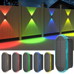 Solar Fence Lights, Fence Lights Solar Powered 8 WRGB Color Modes, Up & Down Waterproof Solar Wall Lights Outdoor, Bright Focus Lens Solar Lights for Yard/Pool/Porch/Patio/Railing 