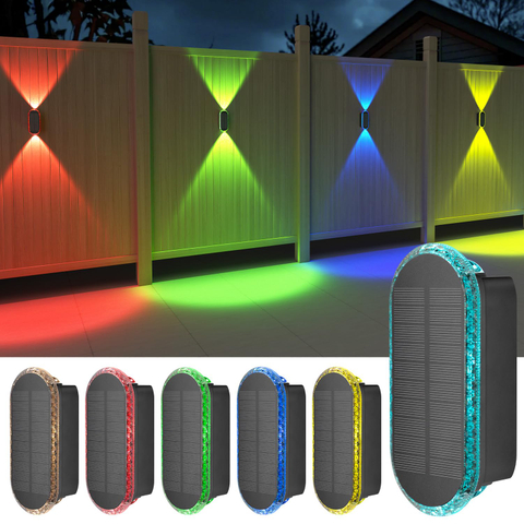Solar Fence Lights, Fence Lights Solar Powered 8 WRGB Color Modes, Up & Down Waterproof Solar Wall Lights Outdoor, Bright Focus Lens Solar Lights for Yard/Pool/Porch/Patio/Railing 