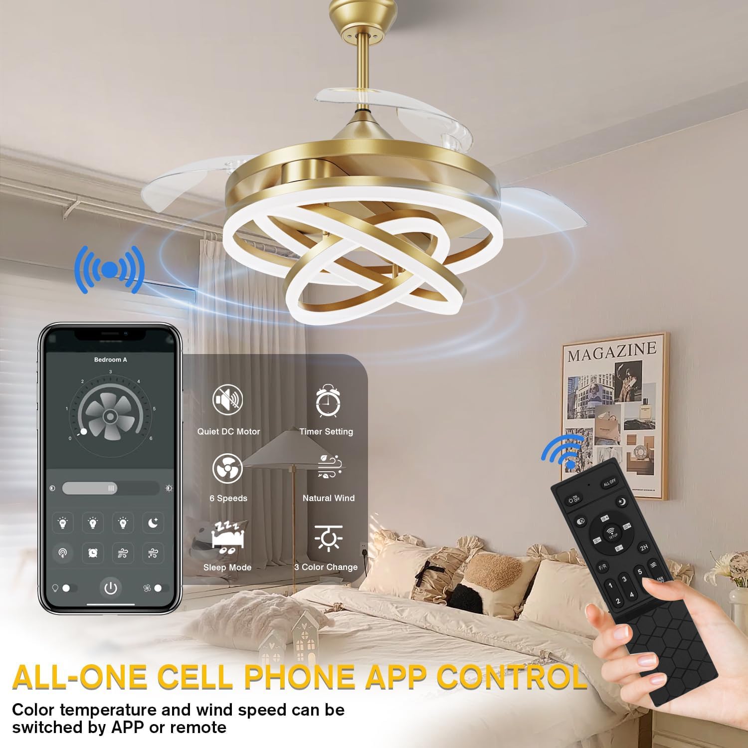 Retractable Ceiling Fan, 42 Inch Chandelier Ceiling Fan with Light, Modern Fandelier Ceiling Fan for Bedroom Living Room Dinning Room, Reverse Motor, 3 Color, 6 Wind Speed