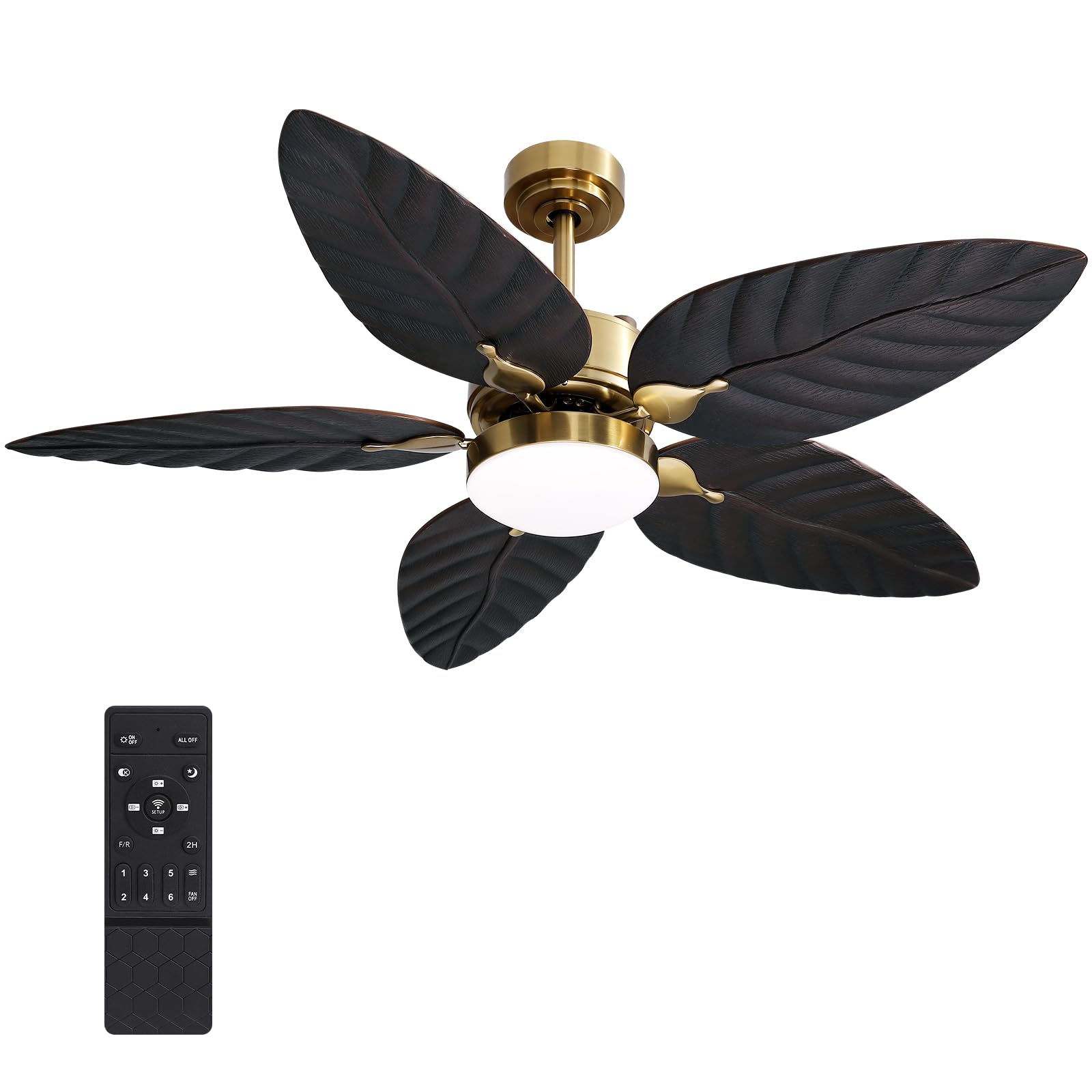  52" Tropical Ceiling Fans with Lights, Indoor Outdoor Black Ceiling Fan with Remote/APP Control, Flush Mount 5 Palm Leaf Ceiling Fan Light for Bedroom Dining Room Living Room Patios, 6 Speeds Visit t