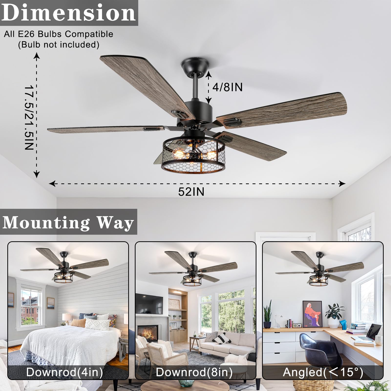  52 Inch Farmhouse Ceiling Fan with Lights and Remote,3-Lights Ceiling Fan with Caged Light Fixture,Rustic Ceiling Fan for Patio, Livingroom, Bedroom, Dining Room 