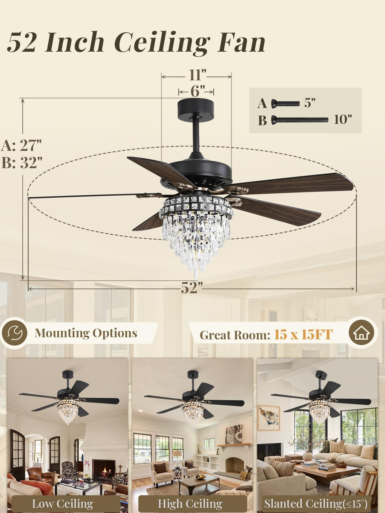 52 Inch Farmhouse Fandelier Ceiling Fan with Light, Crystal Ceiling Fan Chandelier with 6 Speeds, Quiet Reversible Noiseless DC Motor, 3CCT, Indoor Ceiling Fan for Living Room Bedroom 