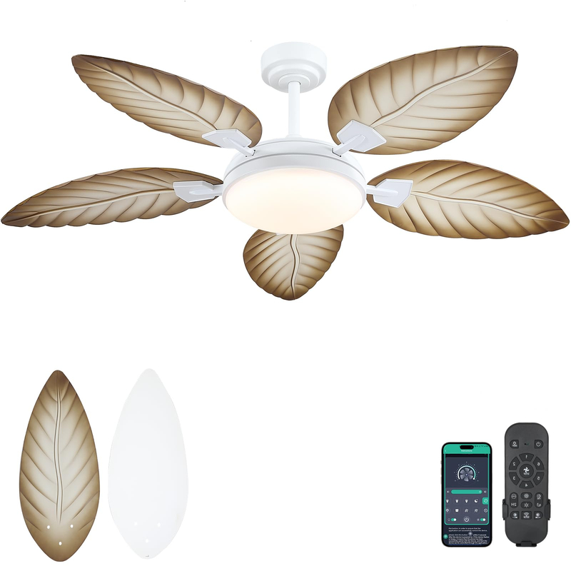 52 Inch Tropical Ceiling Fans with Lights and Remote,Outdoor Palm Leaf Ceiling Fan for Patios Porch Bedroom, Dimmable, 6 Speeds, Reversible
