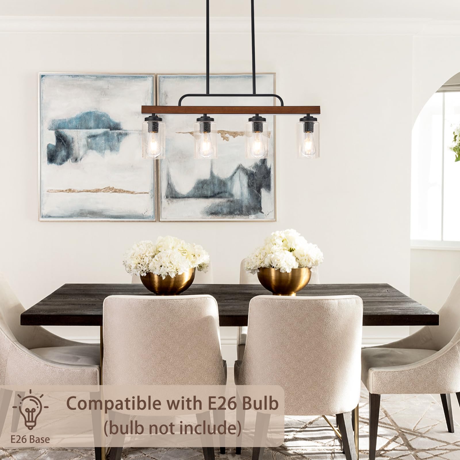 Farmhouse Dining Room Light Fixture, 4-Light Wood Kitchen Island Lighting, Industrial Chandeliers for Dining Room Over Table Black Pendant Light with Seeded Glass Shade for Bar Restaurant 