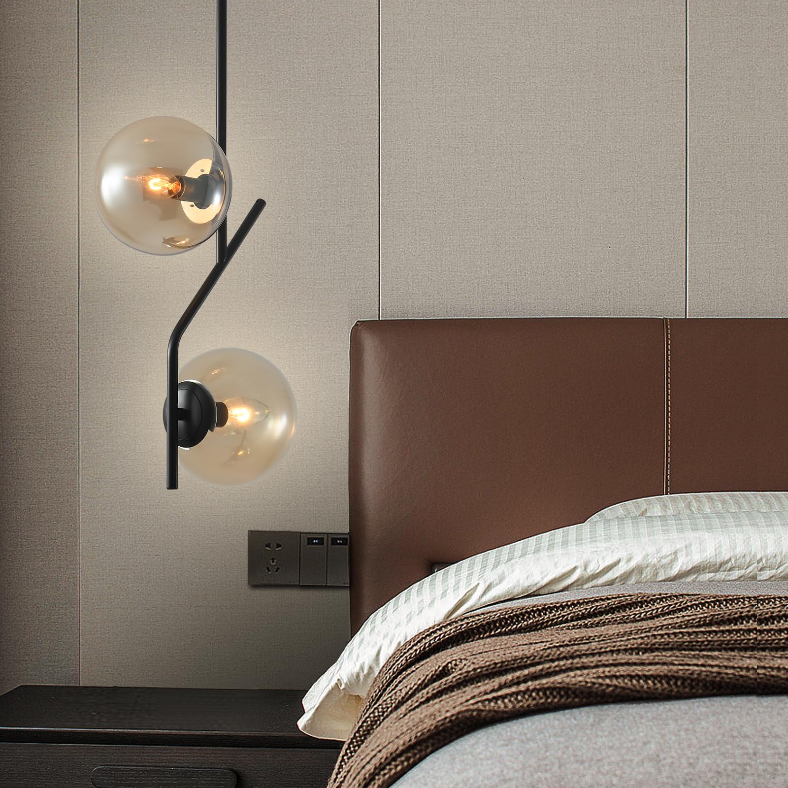Pendant Light with Amber Glass Lampshade Mid Century Pendant Light Fixture Modern Chandelier for Kitchen Island,Bedroom,Dining Room 