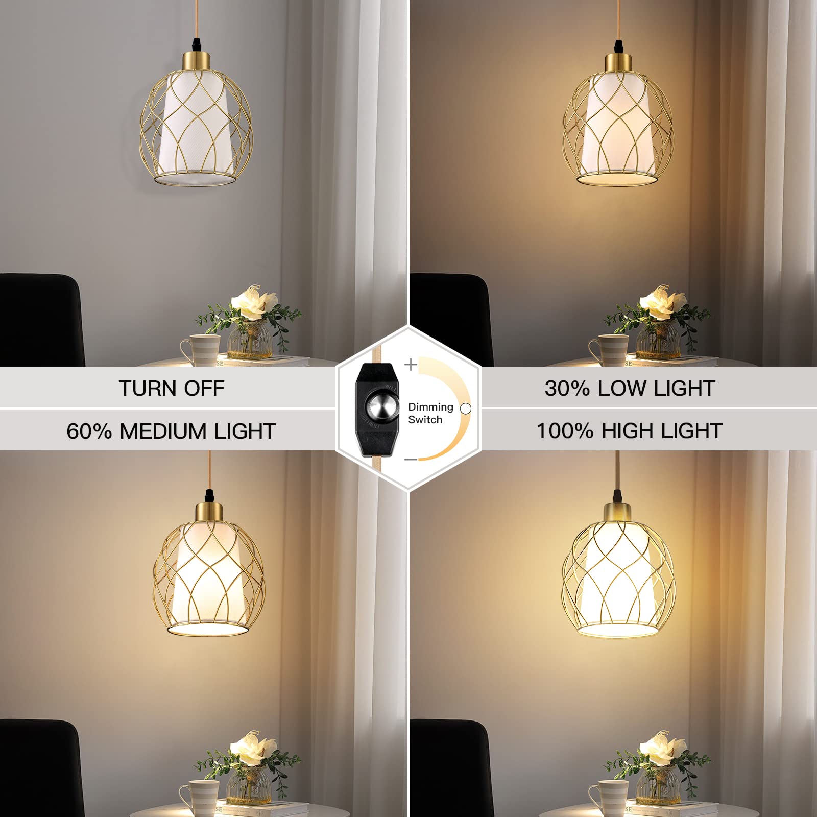 Plug in Pendant Light,Hanging Light with Plug in Cord,Black Hanging Lamp with Dimmable Switch,15 ft Golden Cotton Cord,Hanging Light Fixture for Kitchen Living Room Bedroom (Bulb Included) 