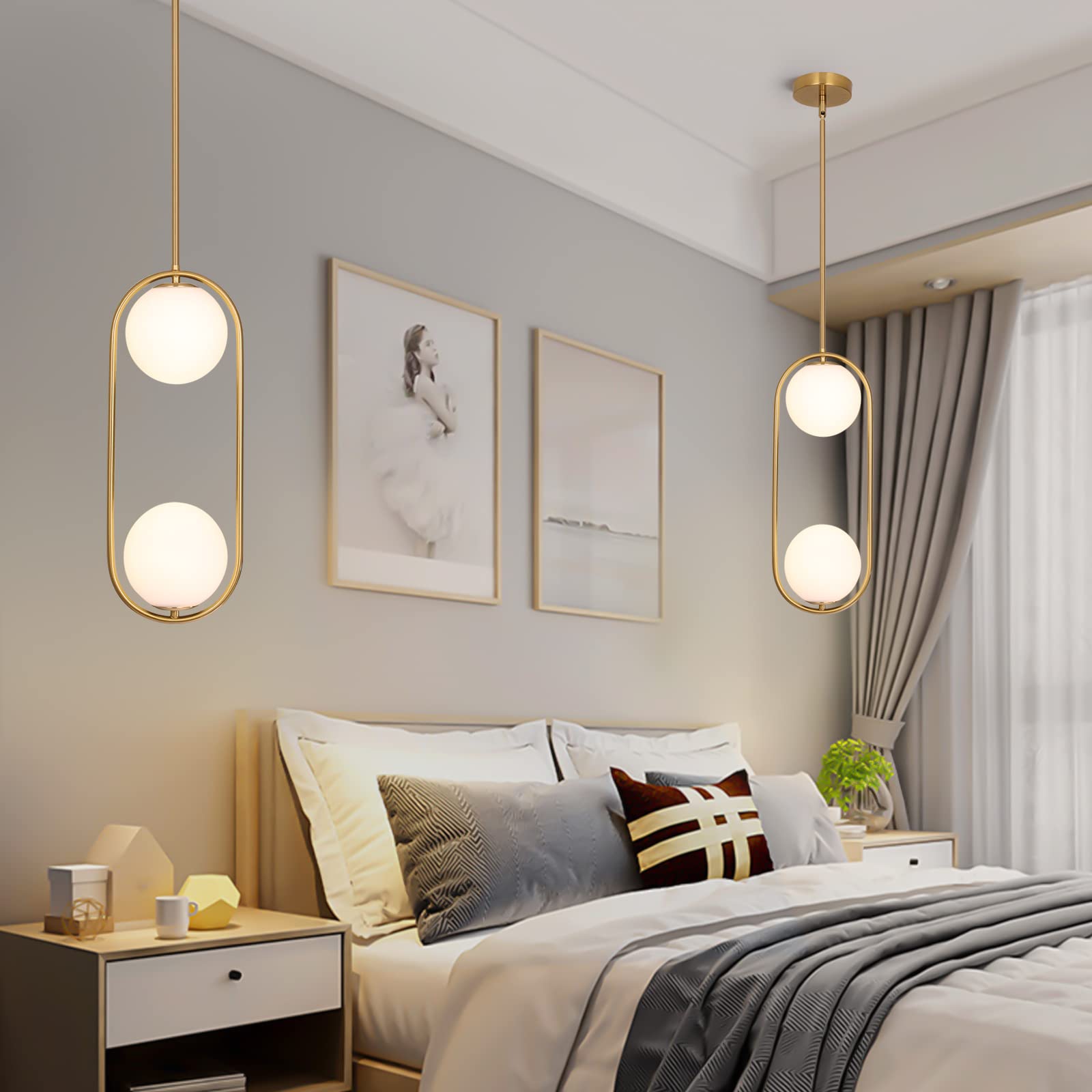 Modern Pendant Lighting Mid Century Globe Pendant Light Fixture Pendant Chandelier Hanging Lighting Fixture with White Globe Glass Lampshade for Kitchen Island Dining Room Bedroom 