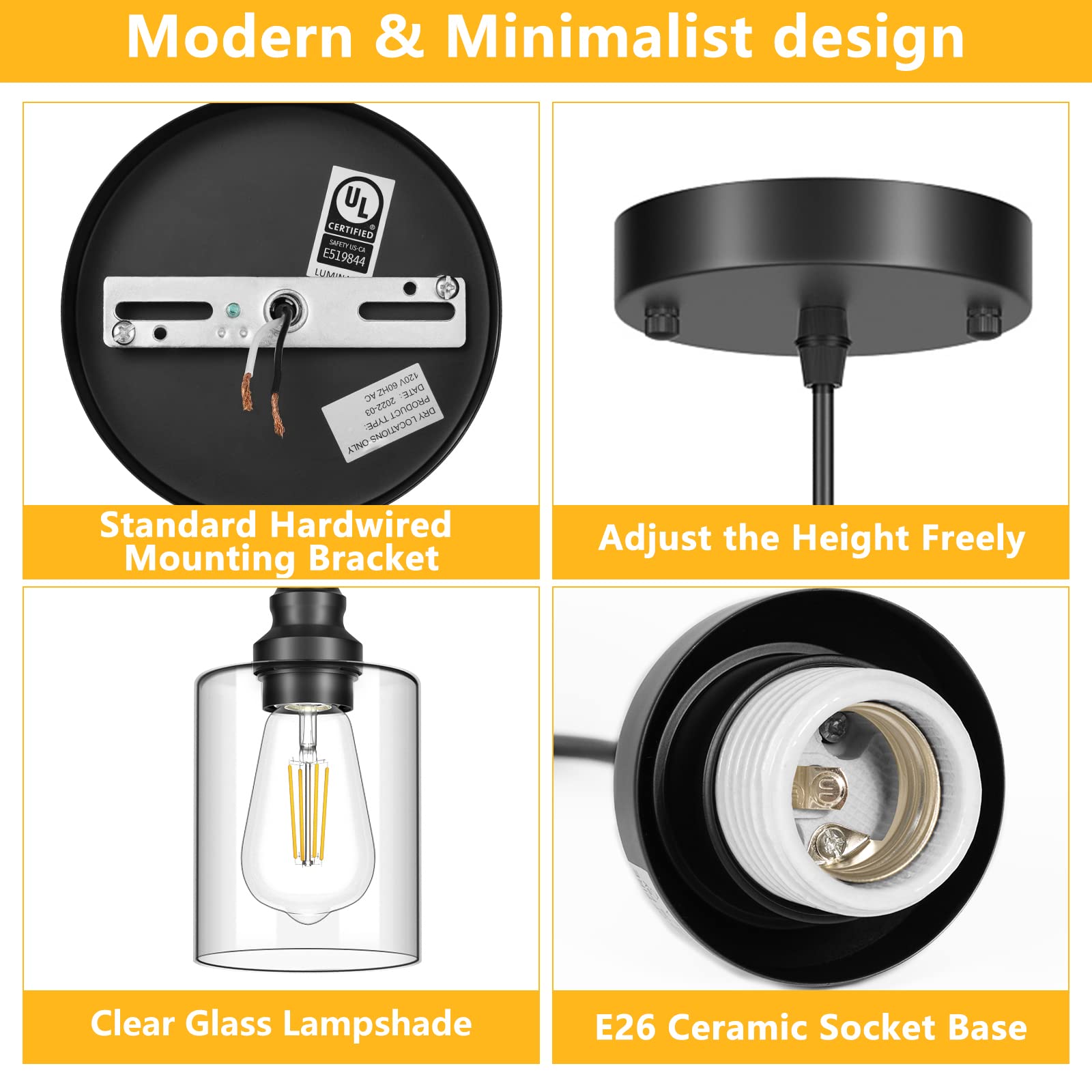 Hanging Pendant Lighting Fixtures, Adjustable Black Hanging Ceiling Lamp with Clear Glass Shade, Modern Pendant Light for Kitchen Island, Dining Room, Bedroom, Hallway 