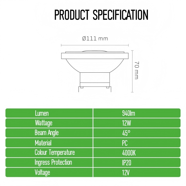 LED Bulb AR111 G53 12W AC/DC 12V LED Spotlight Not Dimmable Neutral White 4000K 45 Degree Beam Angle
