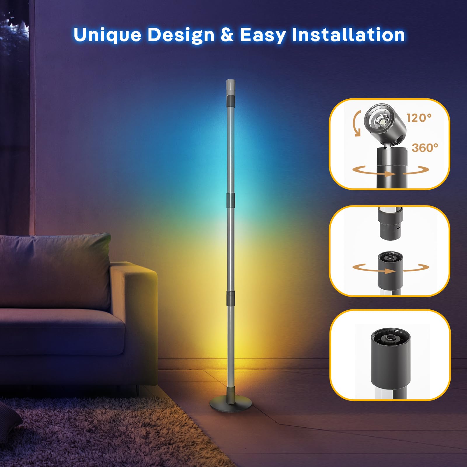 RGB+IC Floor Lamp, Smart LED Corner Lamp with Music Sync and 16 Million DIY Colors, App & Remote Control, 360° Rotating Standing Floor Lamp with Spotlight for Bedroom Living Room 
