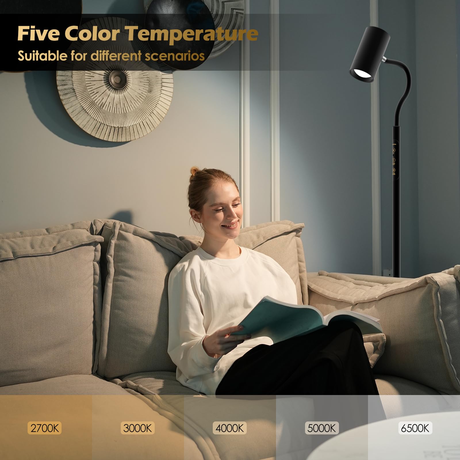 Reading Floor Lamp H2,Dual-Side Floor Lamps for Living Room,Bedroom,5 Color Temperatures and 5 Atmosphere Lighting Modes,Adjustable Gooseneck Reading Floor Lamp for Home and Office