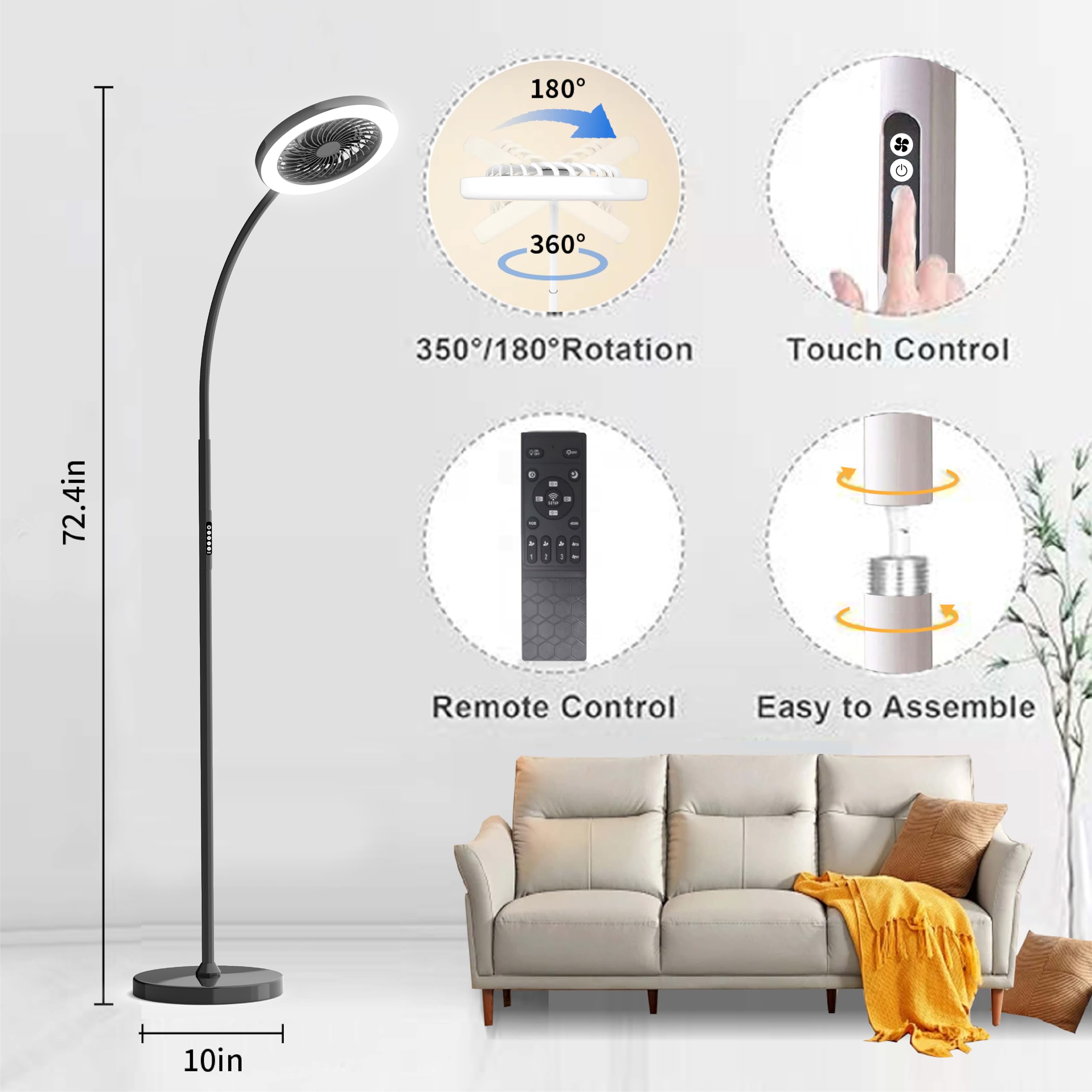  Floor Lamp with Fan Fan Light with RGB 18w/1500lm LED Floor Famp, Stepless Adjustable 3000K-6000K Color and Dimmer, Remote and Button Control, Adjustable Gooseneck Gloor Lamp 