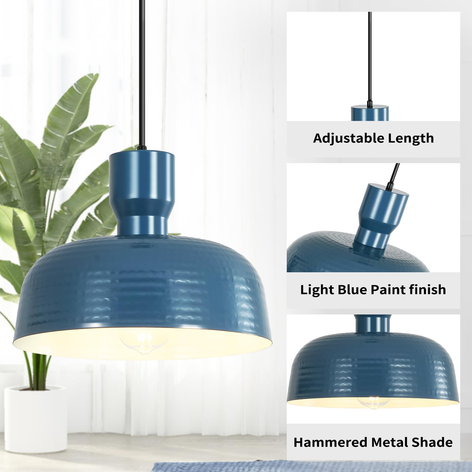 Pendant Lights Kitchen Island - Farmhouse Pendant Light Fixture with Hammered Shade, Adjustable Hanging Lamp Dome Ceiling Lighting for Living Room Foyer