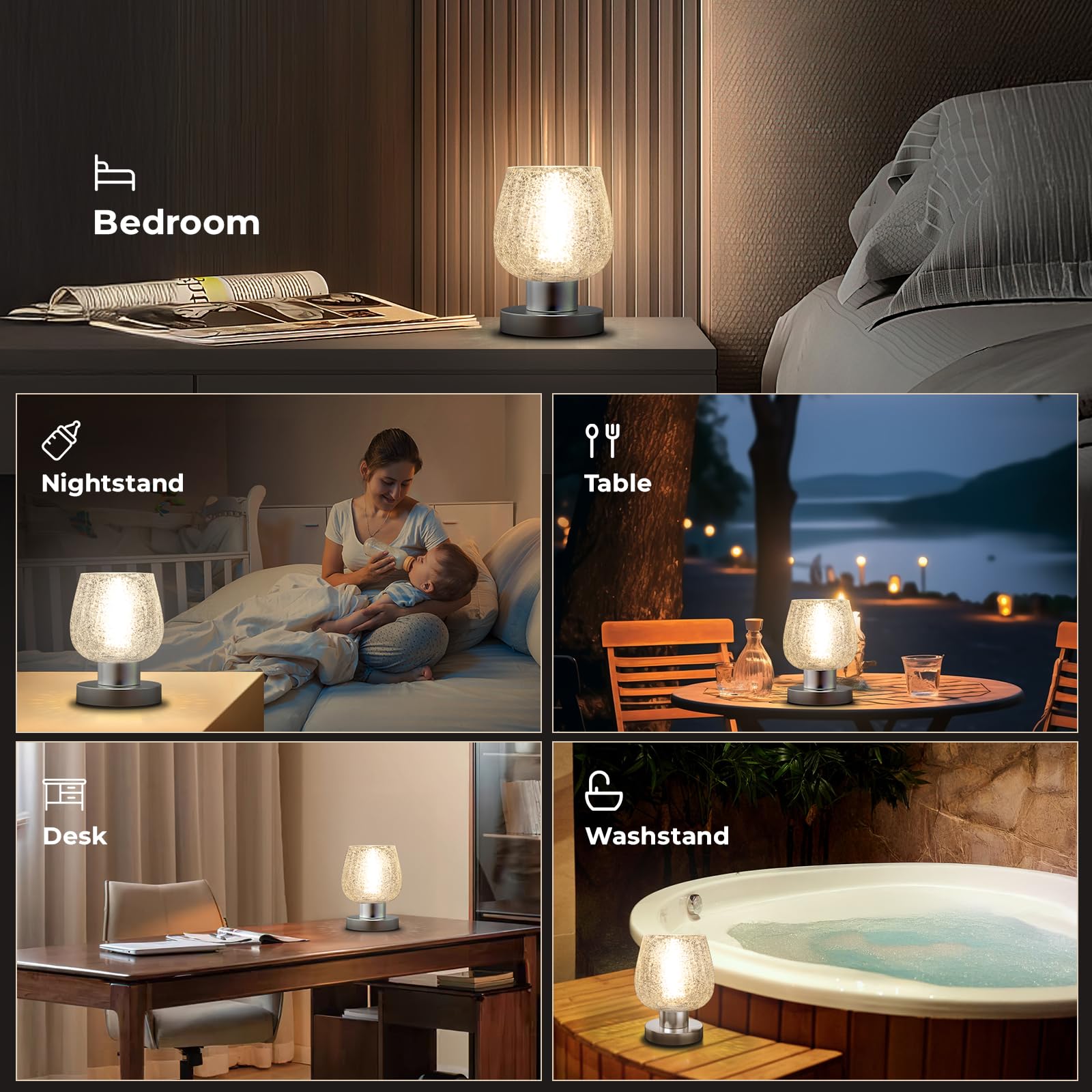 Touch Bedside Table Lamp for Bedroom Nightstand, Vintage Small Touch Lamp with Decorative Stained Glass Shade, Ambient LED Bulb, 3-way Dimmable Nightlight for Read, Retro Holiday Birthday Gifts 