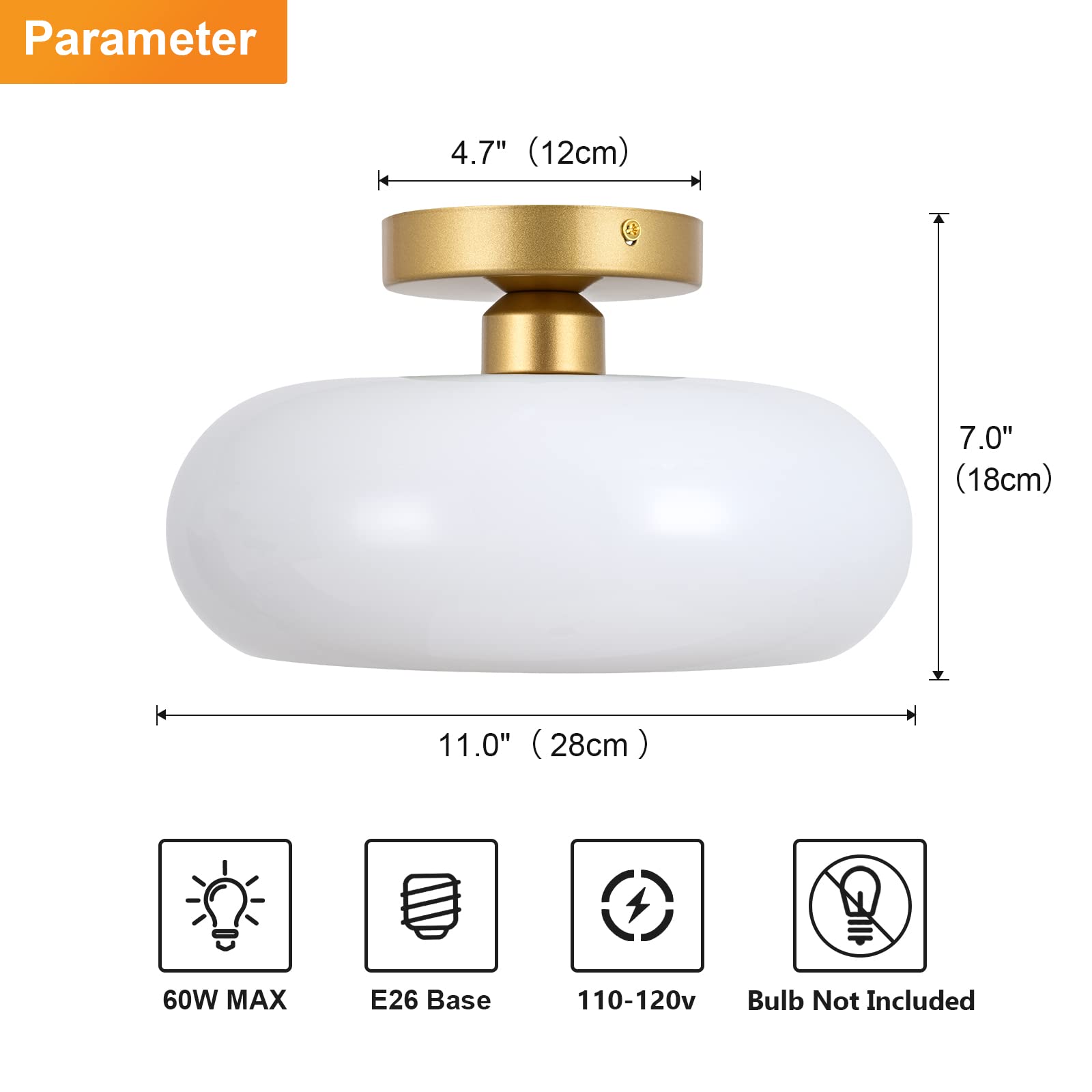  Mid-Century Modern Gold Semi Flush Mount Ceiling Light, Kitchen Ceiling Light Fixture with Glass Shade, Vintage White Close to Ceiling Lamp for Entryway Hallway Bathroom 
