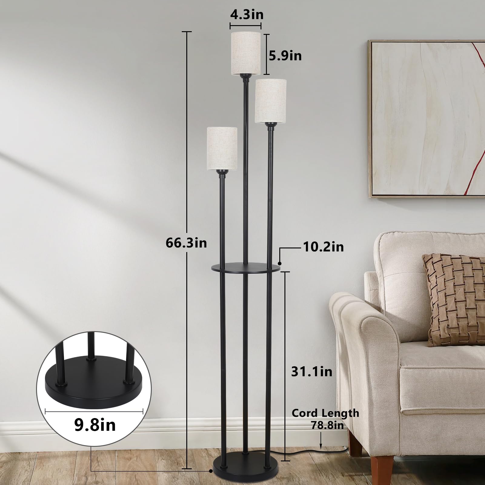 Floor Lamp with Shelves, Modern Floor Lamps for Living Room, 3-Lights Standing Lamp with Linen Shade and Foot Switch, Industrial Standing Lamps for Bedroom, Black Tall Table Lamp for Office 
