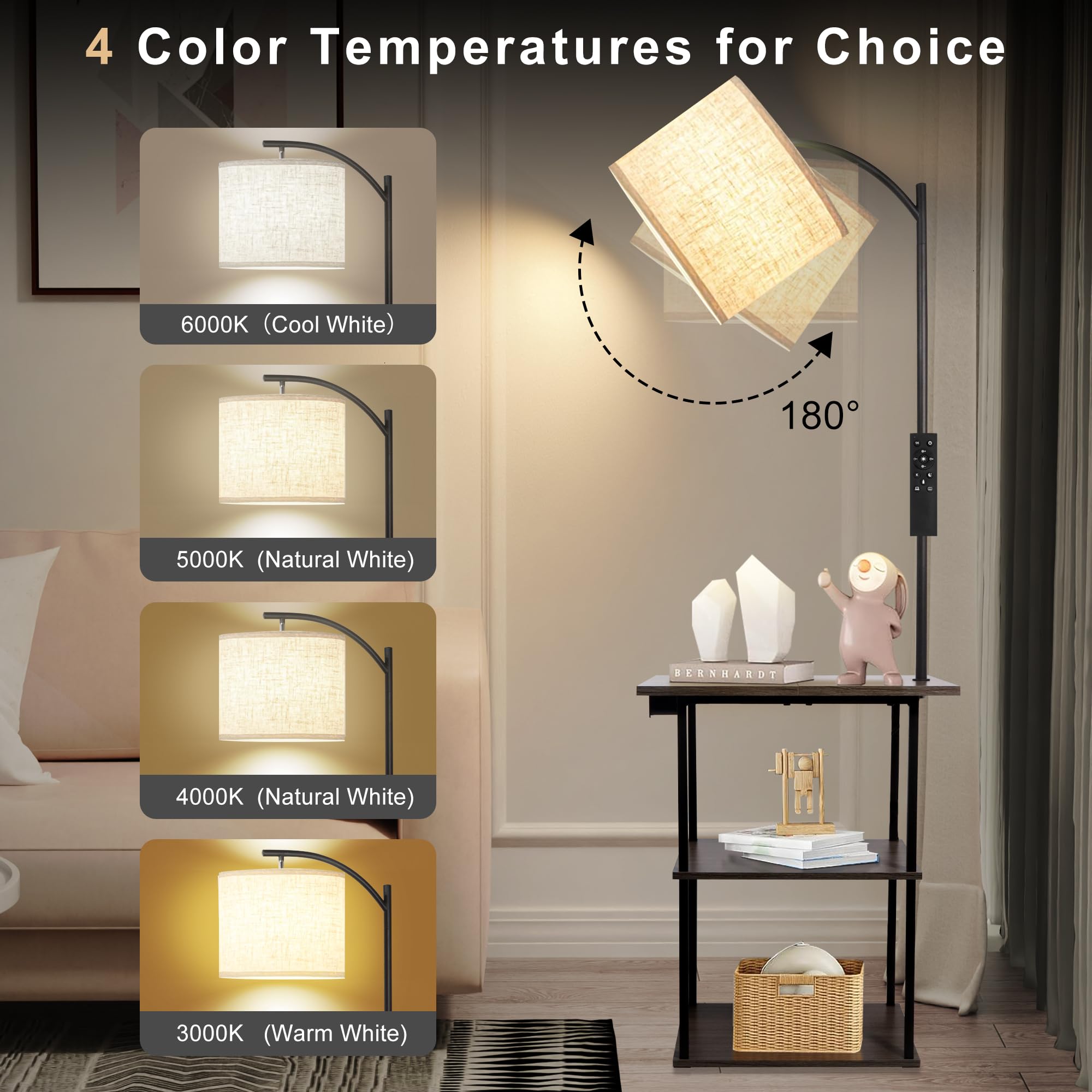 Floor Lamp with Table, End Table with Charging Station, 3 Color Temperatures 9W LED Bulb, Modern Shelves Side Table for Bedroom, Living Room
