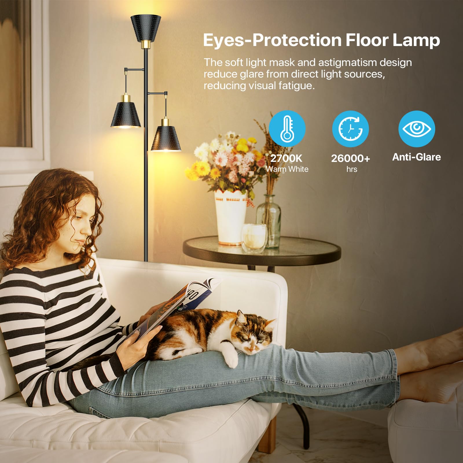 Floor Lamps for Living Room - Black Floor Lamp with Cage Shade 70'' Standing Lamps for Living Room Corner Floor Lamp with 3 LED Bulbs Rustic Floor Lamp