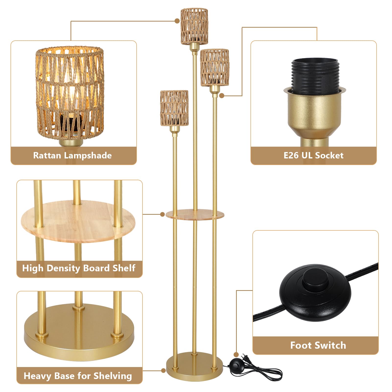 Boho Floor Lamp with Shelves, 3-Lights Farmhouse Tall Floor Lamp with ON/Off Foot Switch, Gold Modern Floor Lamps with Rattan Shades, Rustic Standing Lamp for Living Room, Bedroom, Office 