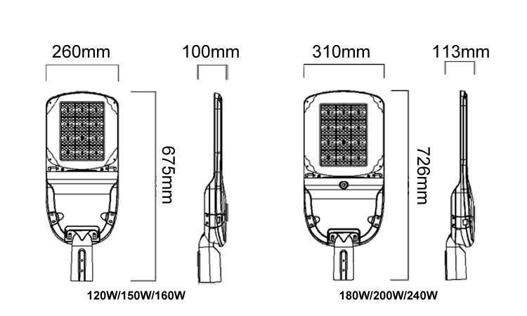 12. IP66 waterproof and dustproof made in China 30W 60W 100W 150W Modern LED outdoor street lamp 4000K 5000K Linear dimension schematic diagram of optional products
