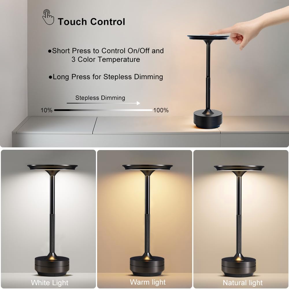LED Cordless Table Lamps, Portable Rechargeable 5000mAh Outdoor Lighting, 3 Color Stepless Dimming Battery Powered Bedside Table Lamp,wireless Lamp For Bedroom/Living room/Camping/patio