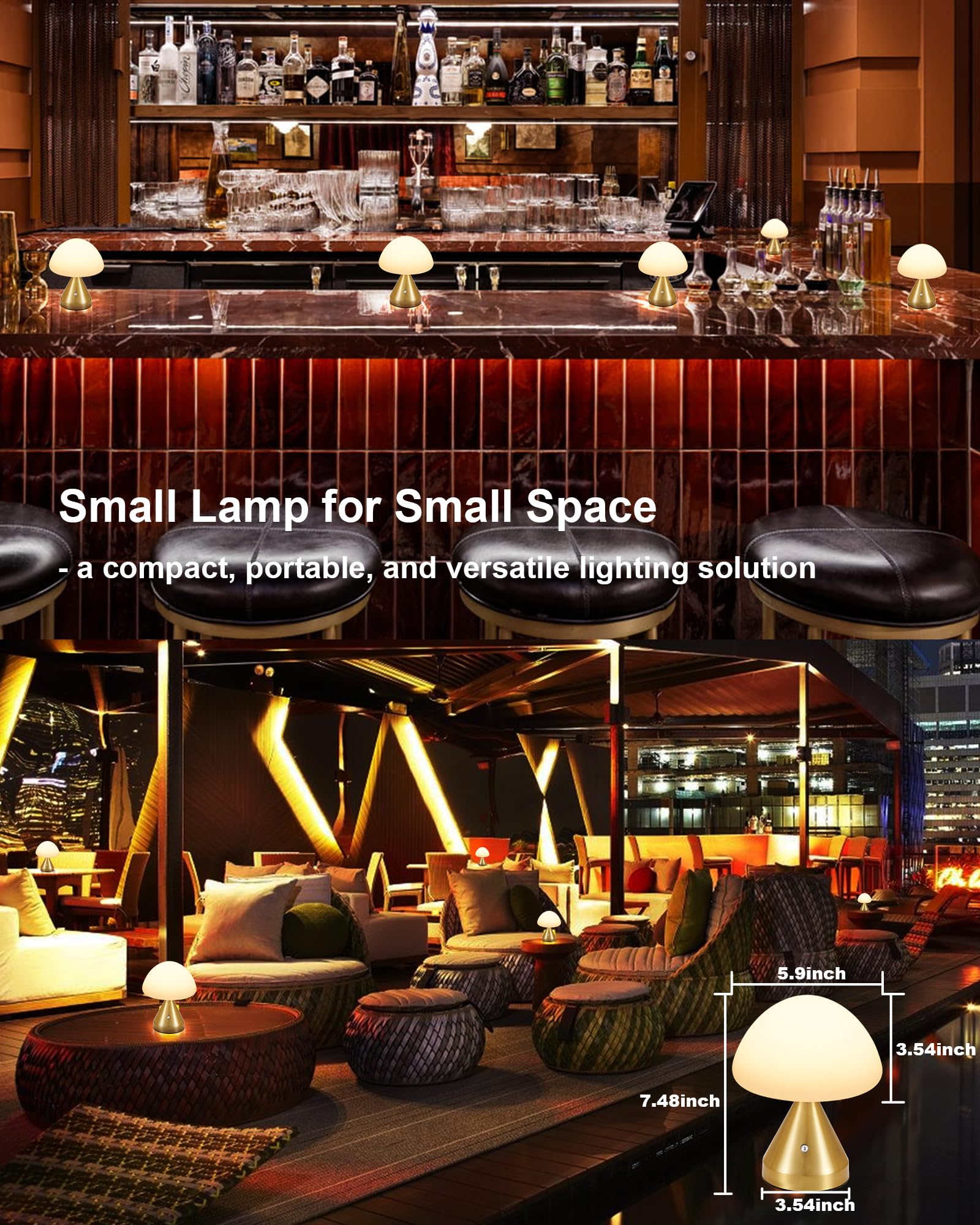 Cordless Small Mushroom Lamp, Rechargeable Battery Operated Table Lamp for Restaurant Bar Dining Table, Touch Dimmable Cute Bedside Night Light, Portable Outdoor Table Lamp for Patio Home Bedroom 